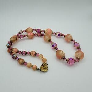 Vintage Hot Pink Glass Double Strand Light Pink Hand Painted Beads 22” Length